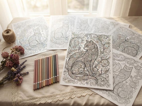 Whimsical Cats Coloring Book, Printable Adult Coloring Pages, Whimsical Decorative Cat Stress Relief PDF, Digital Download · CB-31 view 5