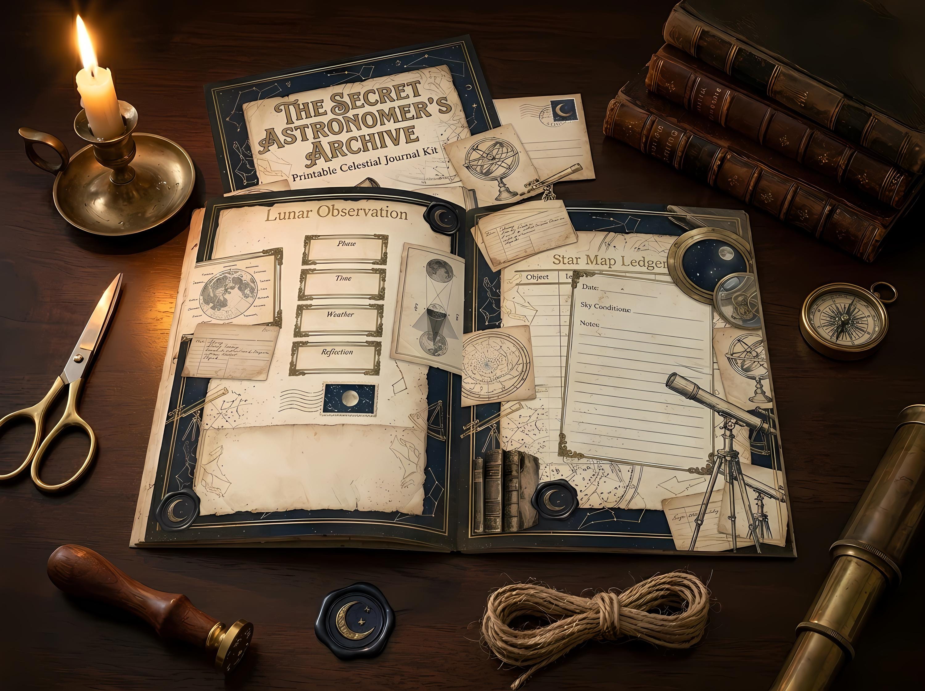 Secret Astronomer's Archive Junk Journal Kit, Printable Dark Academia Journal Pages, Celestial Ephemera, Star Map Tags, Fussy C · JK-010