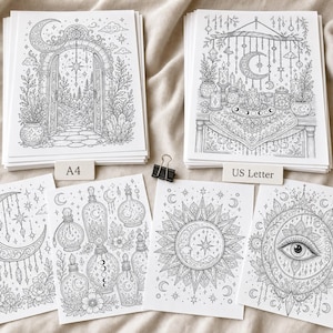 May include: A collection of black and white line art coloring pages featuring celestial and mystical themes. Designs include a crescent moon, sun, potion bottles, and an archway. The pages are stacked and labeled A4 and US Letter.