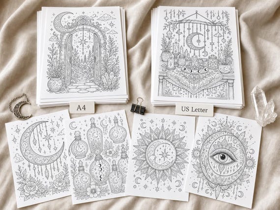 Mystical Moon and Stars Coloring Book, Printable Adult Coloring Pages, Celestial Stress Relief PDF, Digital Download · CB-04 view 5