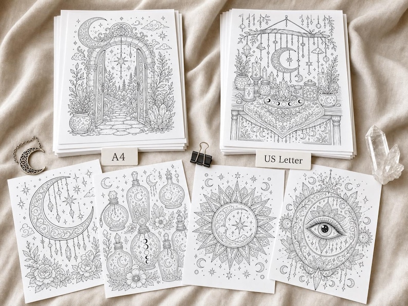 May include: A collection of black and white line art coloring pages featuring celestial and mystical themes. Designs include a crescent moon, sun, potion bottles, and an archway. The pages are stacked and labeled A4 and US Letter.
