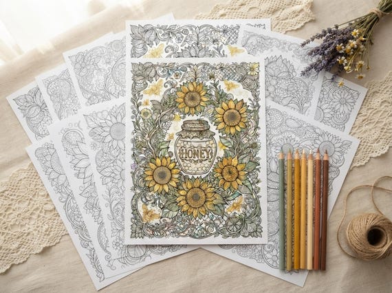 Bees & Sunflowers Coloring Book, Printable Adult Coloring Pages, Golden Bees And Sunflowers Stress Relief PDF, Digital Download · CB-42 view 5