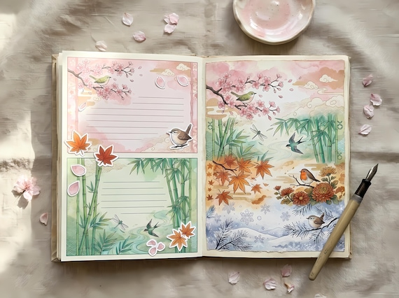 Manga Sakura Seasons Junk Journal Kit, Printable Anime Journal Pages, Cherry Blossom Ephemera, Sakura Tags, Digital Download · JK-125 view 5