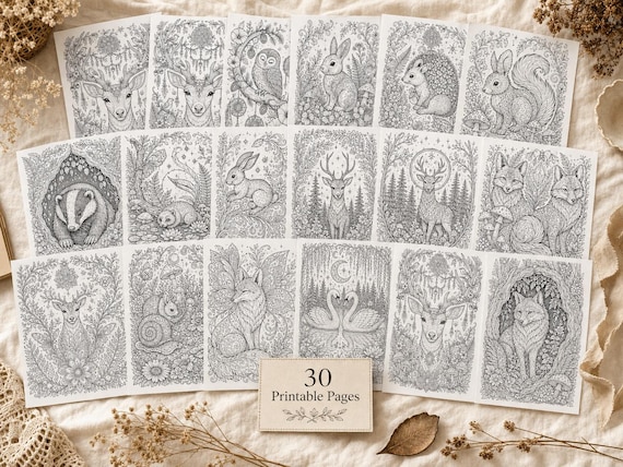 Enchanted Forest Animals Coloring Book, Printable Adult Coloring Pages, Woodland Stress Relief PDF, Digital Download · CB-05 view 2