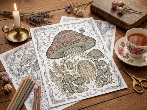 Magical Mushroom Forest Coloring Book, Printable Adult Coloring Pages, Whimsical Woodland Stress Relief PDF, Digital Download · CB-07 view 6