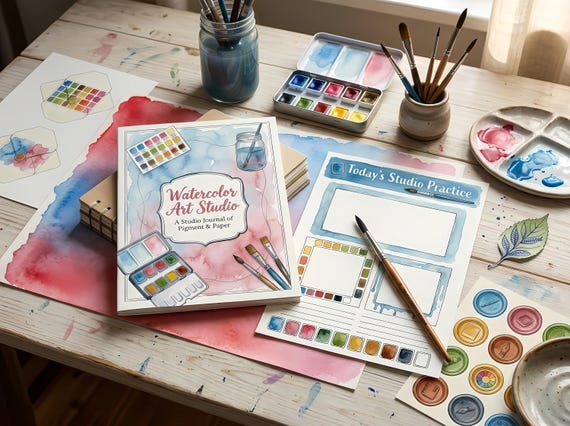 Art Studio Junk Journal Kit, Printable Watercolor Artist Journal Pages, Paint Palette Ephemera, Brush Tags, Digital Download · JK-089 view 3