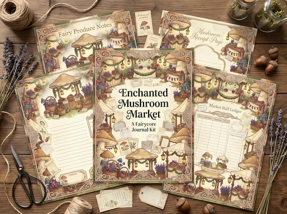 Enchanted Mushroom Market Junk Journal Kit, Printable Fairy Market Journal Pages, Mushroom Ephemera, Market Tags, Fussy Cuts · JK-025 view 3