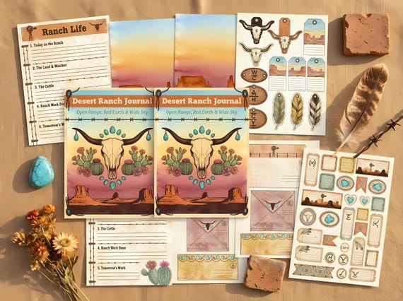 Western Desert Ranch Journal Kit — Printable Junk Journal, Longhorn Skull, Adobe Tile, Cowboy Journal Pages · JK-072 view 5