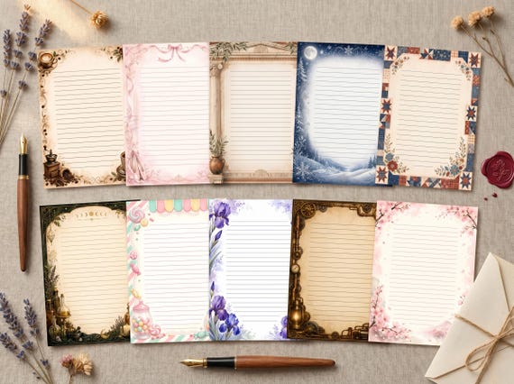 Decorative Lined Journal Pages — Vol. 5, Printable Writing Paper, Illustrated Lined Pages, Digital Download, Print at Home Stationery