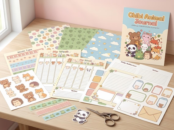 Manga Chibi Animals Junk Journal Kit, Printable Kawaii Journal Pages, Cute Animal Ephemera, Chibi Tags, Digital Download · JK-124 view 5