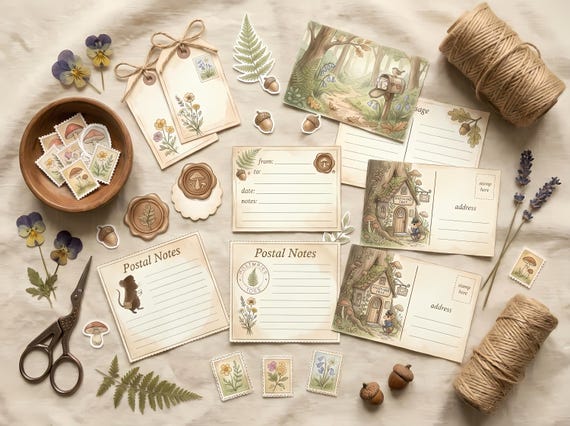 Tiny Postal Mouse Junk Journal Kit, Printable Woodland Correspondence Pages, Cottagecore Ephemera, Tags, Postcards, Fussy Cuts · JK-003 view 3