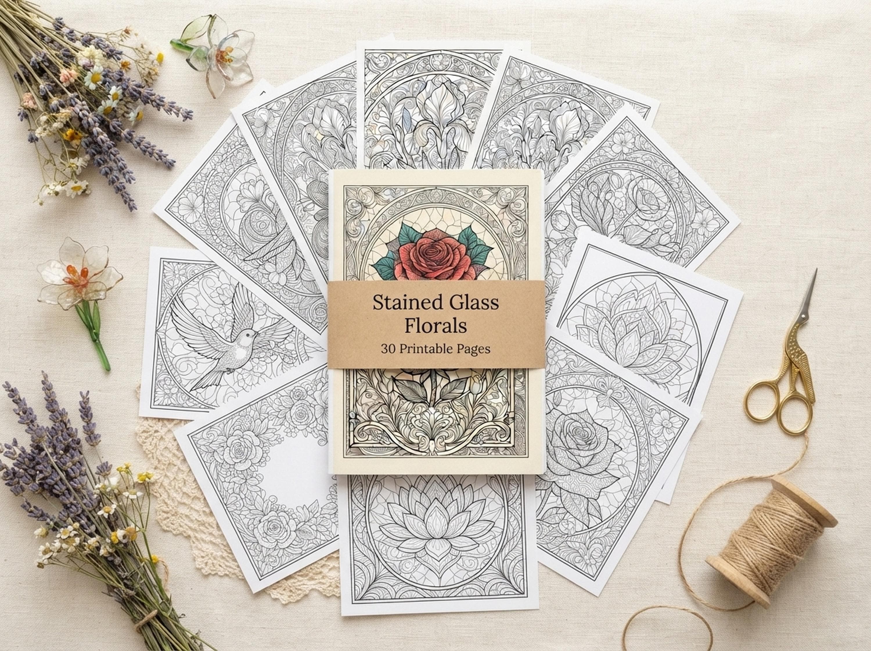 Stained Glass Florals Coloring Book, Printable Adult Coloring Pages, Stress Relief PDF, Digital Download · CB-36