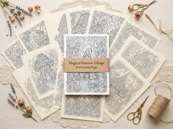 Magical Gnome Village Coloring Book, Printable Adult Coloring Pages, Stress Relief PDF, Digital Download · CB-22