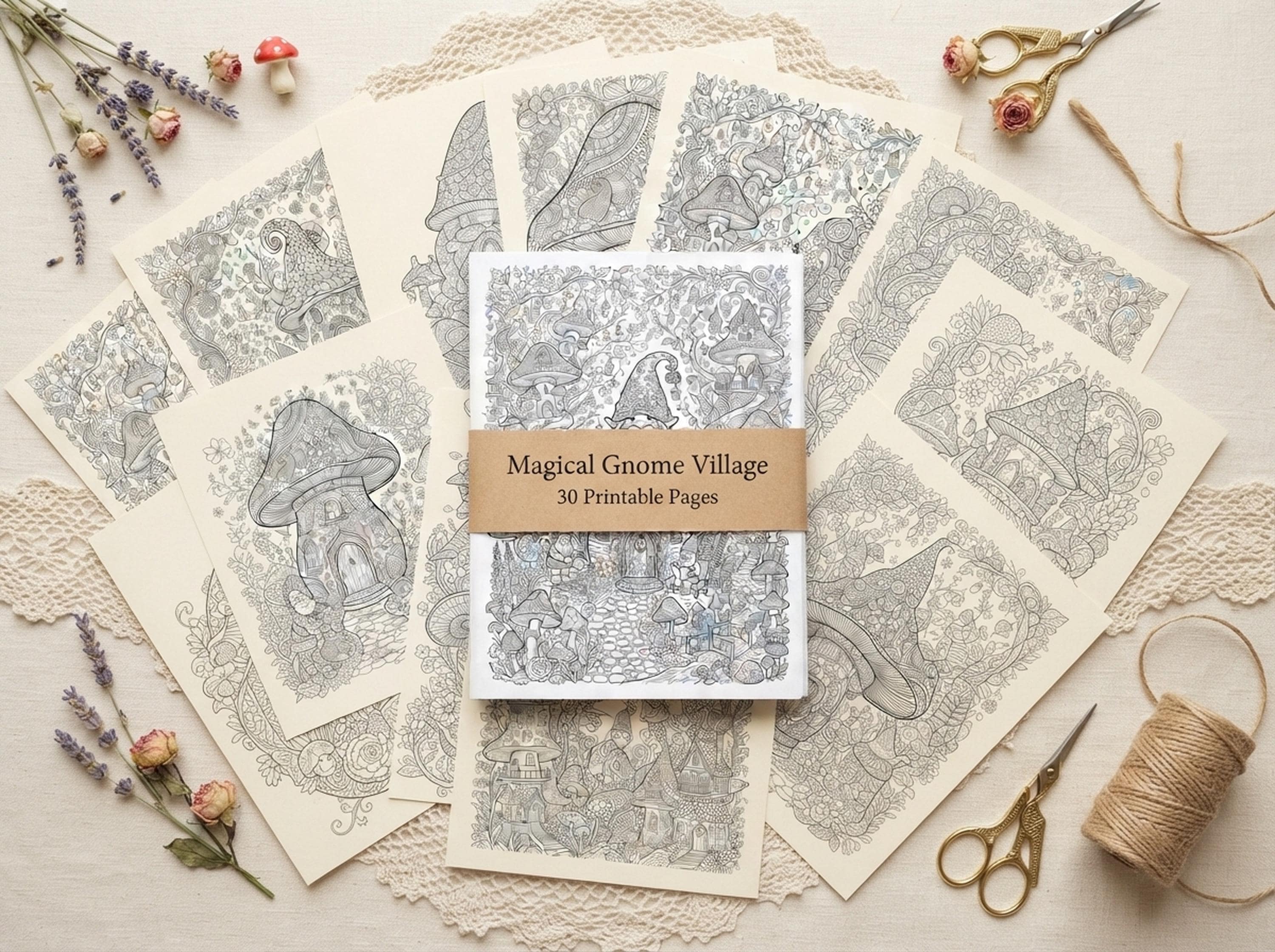 Magical Gnome Village Coloring Book, Printable Adult Coloring Pages, Stress Relief PDF, Digital Download · CB-22