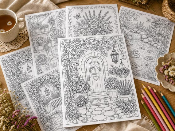 Cozy Cottage Garden Coloring Book, Printable Adult Coloring Pages, Stress Relief Floral Garden PDF, Digital Download · CB-03 view 6