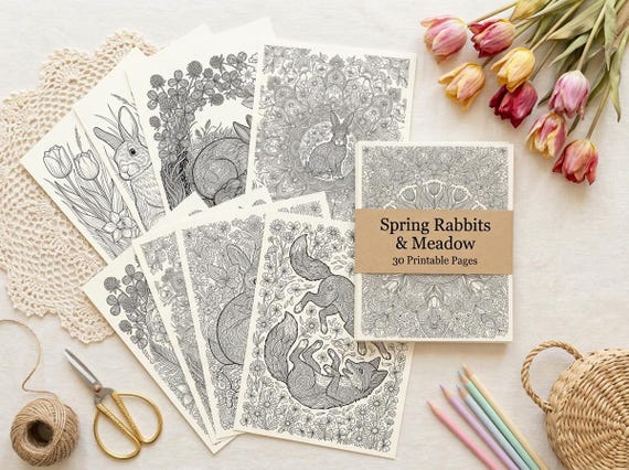 Spring Rabbits & Meadow Coloring Book, Printable Adult Coloring Pages, Spring Nature Stress Relief PDF, Digital Download