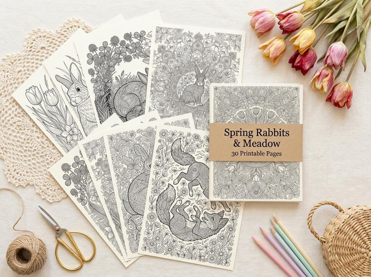 Spring Rabbits & Meadow Coloring Book, Printable Adult Coloring Pages, Spring Nature Stress Relief PDF, Digital Download