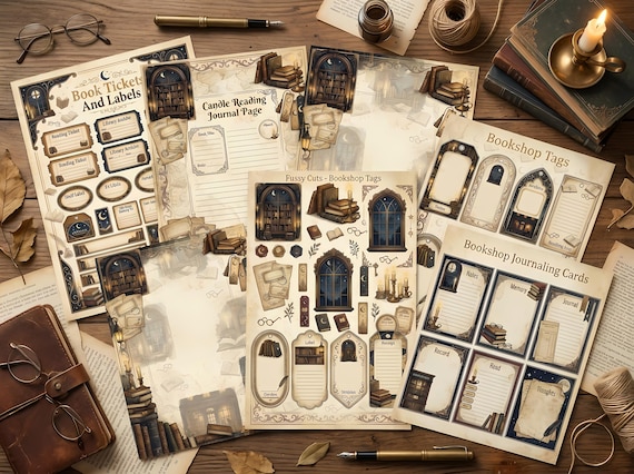 Midnight Bookshop Junk Journal Kit, Printable Cozy Book Journal Pages, Candlelit Library Ephemera, Bookshop Tags, Fussy Cuts · JK-029