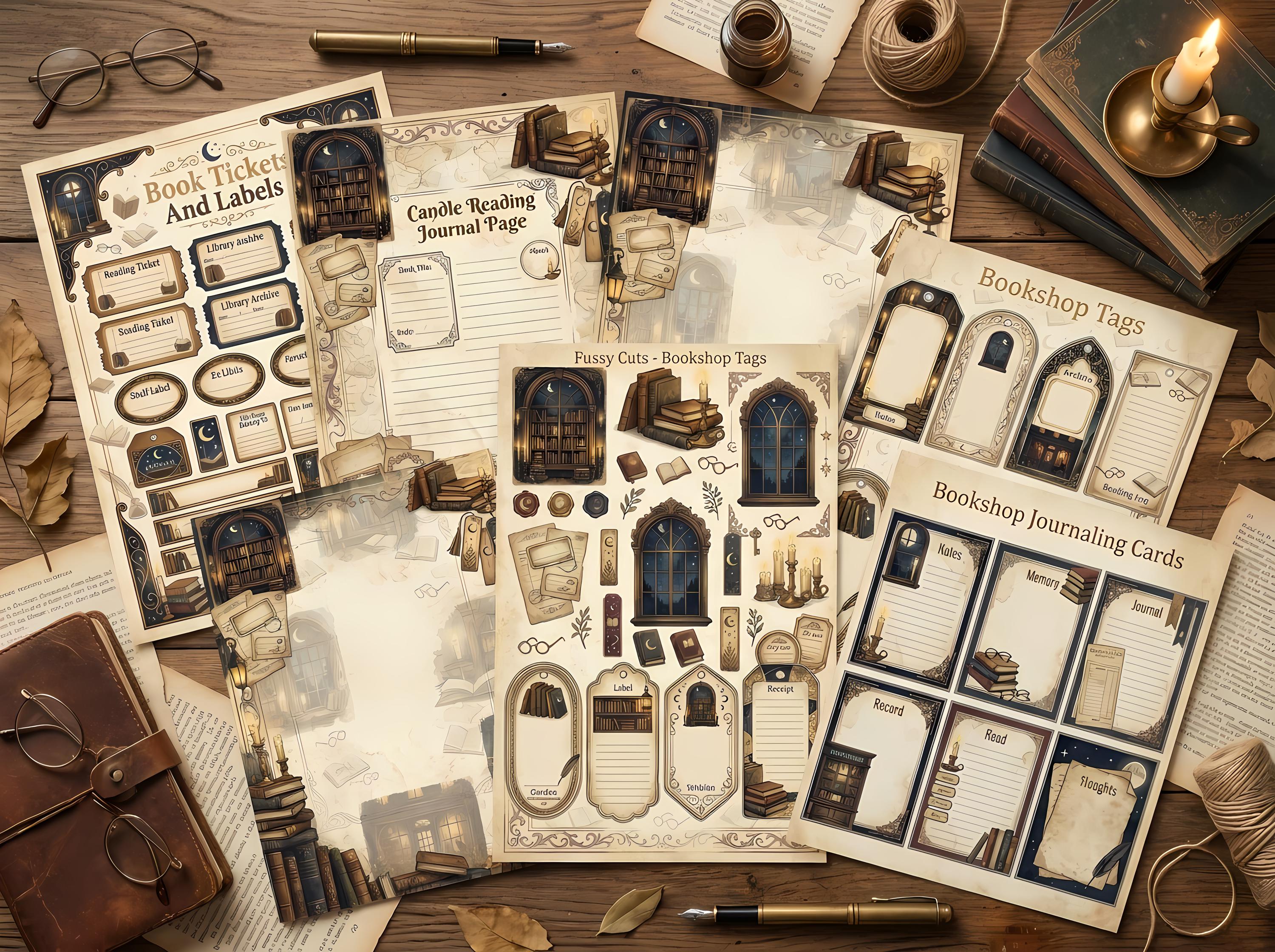 Midnight Bookshop Junk Journal Kit, Printable Cozy Book Journal Pages, Candlelit Library Ephemera, Bookshop Tags, Fussy Cuts · JK-029