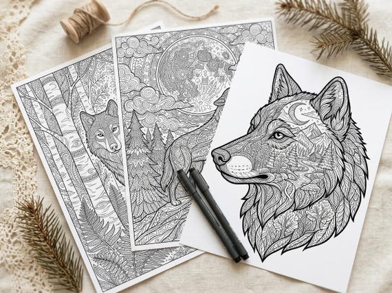 Wolves & Moonlit Wilderness Coloring Book, Printable Adult Coloring Pages, Wolf Nature Stress Relief PDF, Digital Download view 7