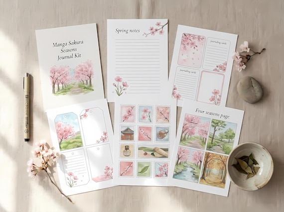Manga Sakura Seasons Junk Journal Kit, Printable Anime Journal Pages, Cherry Blossom Ephemera, Sakura Tags, Digital Download · JK-125 view 2