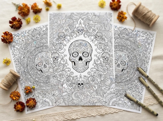 Sugar Skulls Fiesta Coloring Book, Printable Adult Coloring Pages, Stress Relief PDF, Digital Download · CB-34 view 3