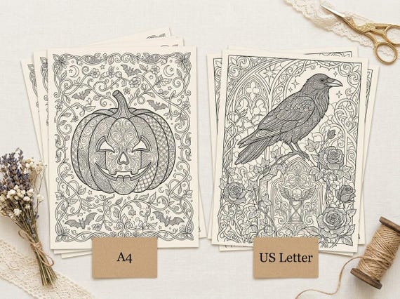 Gothic Halloween Coloring Book, Printable Adult Coloring Pages, Spooky Night Stress Relief PDF, Digital Download · CB-14 view 4