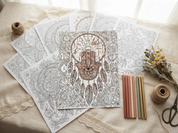 Boho Dreamcatchers & Feathers Coloring Book, Printable Adult Coloring Pages, Stress Relief PDF, Digital Download · CB-19 view 5