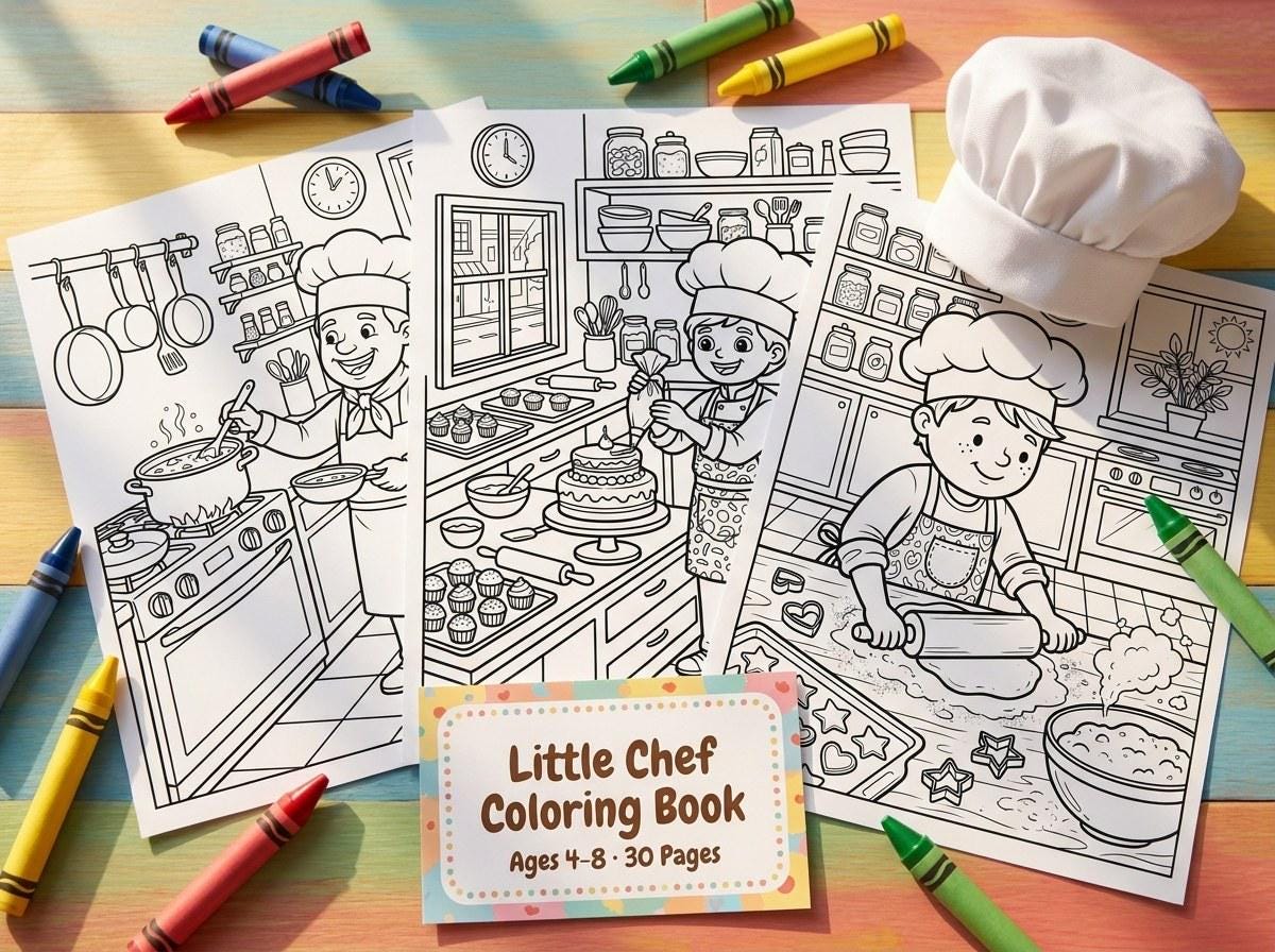 Little Chef Kids Coloring Book, 30 Printable Coloring Pages for Ages 4-8, Boys and Girls Activity PDF, Digital Download