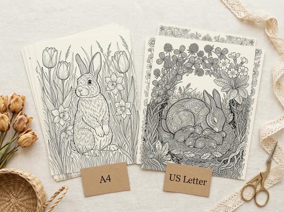 Spring Rabbits & Meadow Coloring Book, Printable Adult Coloring Pages, Spring Nature Stress Relief PDF, Digital Download view 5