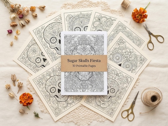 Sugar Skulls Fiesta Coloring Book, Printable Adult Coloring Pages, Stress Relief PDF, Digital Download · CB-34