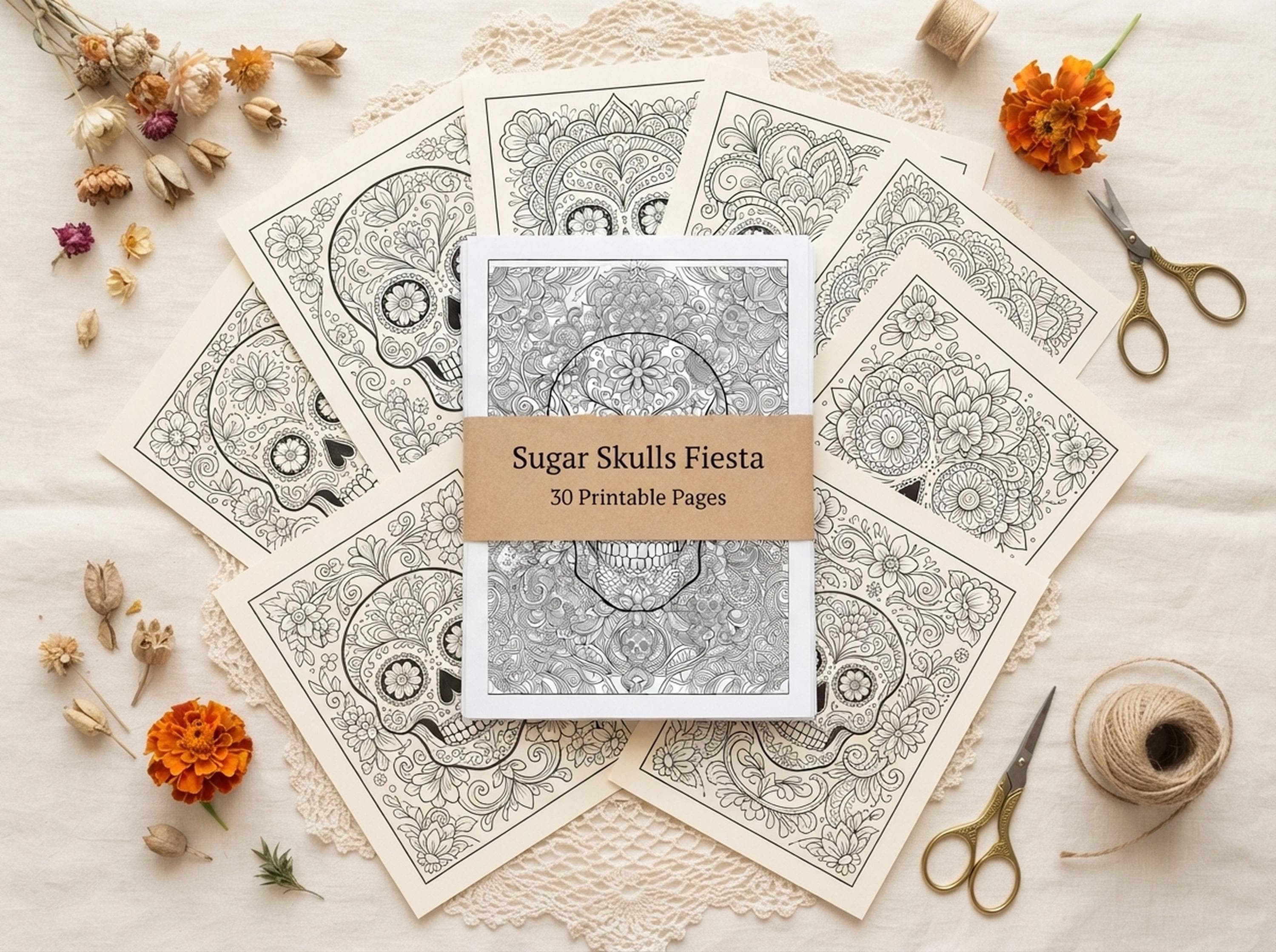 Sugar Skulls Fiesta Coloring Book, Printable Adult Coloring Pages, Stress Relief PDF, Digital Download · CB-34