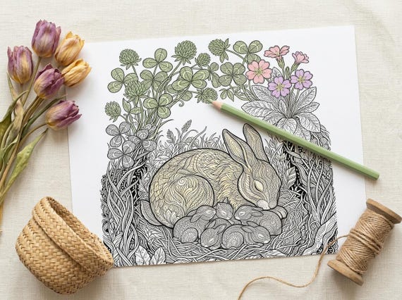 Spring Rabbits & Meadow Coloring Book, Printable Adult Coloring Pages, Spring Nature Stress Relief PDF, Digital Download view 4