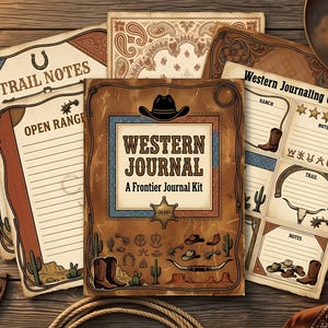 May include: A collection of vintage-style Western-themed stationery. Includes a journal, journaling cards, and trail notes. The journal cover reads "Western Journal: A Frontier Journal Kit". The color palette features browns, tans, and blues.