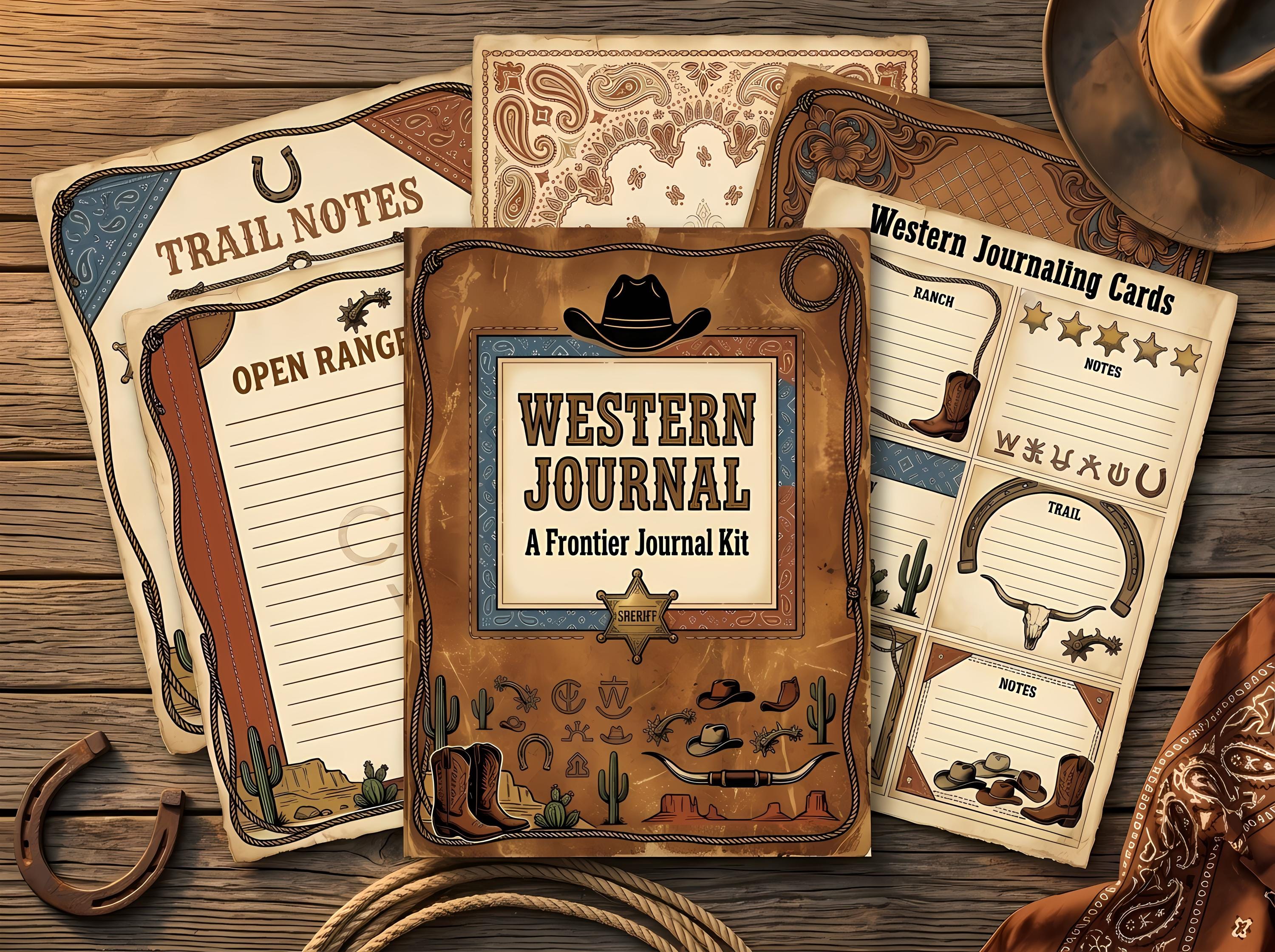Western Cowboy Junk Journal Kit, Printable Ranch Journal Pages, Rodeo Ephemera, Wanted Poster Cards, Fussy Cuts, Digital Download · JK-052