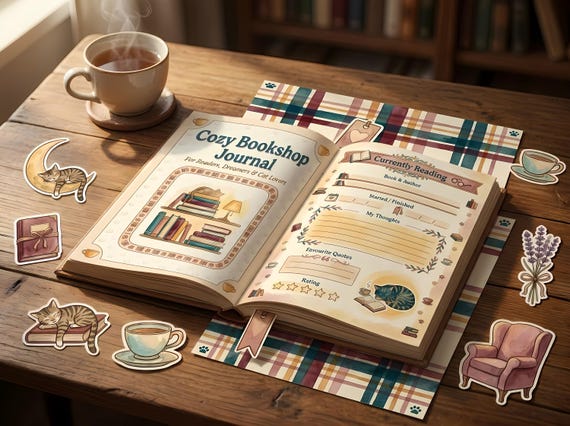 Cozy Bookshop Cat Junk Journal Kit, Printable Book Lover Journal Pages, Library Ephemera, Cat Tags, Digital Download · JK-064 view 4