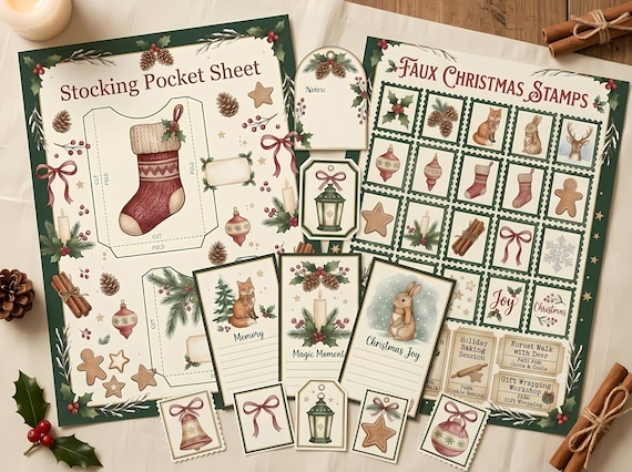 Cottagecore Christmas Junk Journal Kit, Printable Holiday Journal Pages, Festive Ephemera, Gift Tags, Digital Download · JK-058 view 5