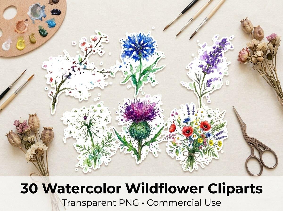 Watercolor Wildflower Clipart, 30 Transparent PNG, Commercial Use, Sublimation POD, Digital Download
