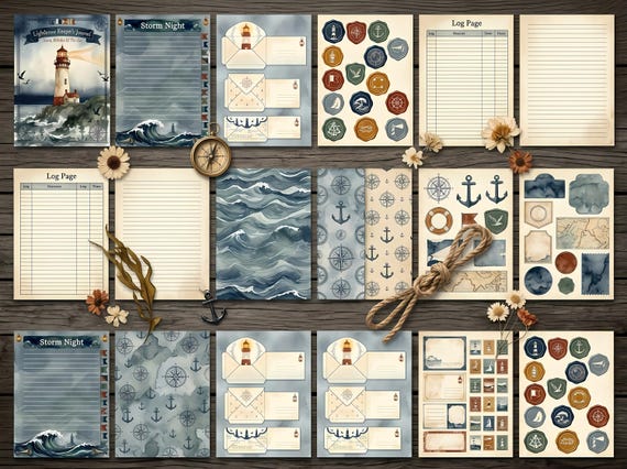 Lighthouse Junk Journal Kit, Printable Coastal Journal Pages, Nautical Maritime Ephemera, Signal Flag Tags, Digital Download · JK-085 view 2