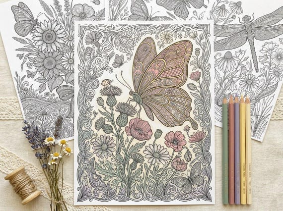Butterfly & Wildflower Coloring Book, Printable Adult Coloring Pages, Floral Meadow Stress Relief PDF, Digital Download · CB-12 view 5
