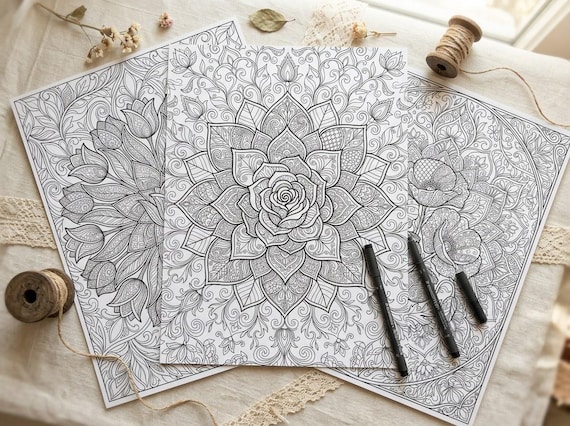 Floral Mandalas Coloring Book, Printable Adult Coloring Pages, Zen Flower Stress Relief PDF, Digital Download · CB-16 view 3