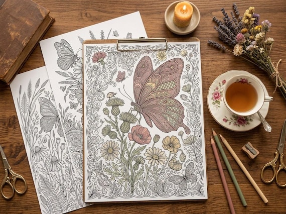 Butterfly & Wildflower Coloring Book, Printable Adult Coloring Pages, Floral Meadow Stress Relief PDF, Digital Download · CB-12 view 6