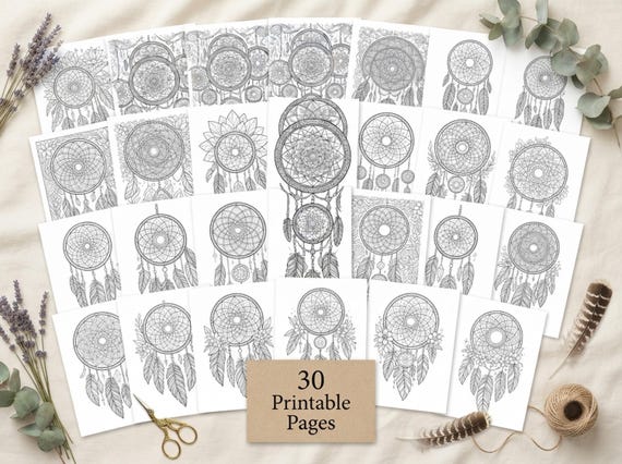 Boho Dreamcatchers & Feathers Coloring Book, Printable Adult Coloring Pages, Stress Relief PDF, Digital Download · CB-19 view 2