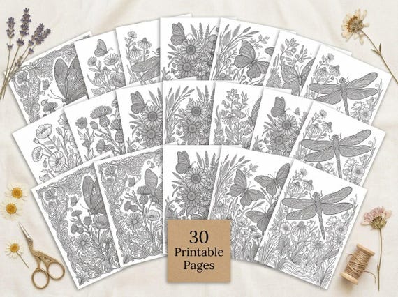 Butterfly & Wildflower Coloring Book, Printable Adult Coloring Pages, Floral Meadow Stress Relief PDF, Digital Download · CB-12 view 2