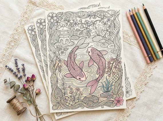 Japanese Koi & Cherry Blossom Coloring Book, Printable Adult Coloring Pages, Stress Relief PDF, Digital Download · CB-21 view 4