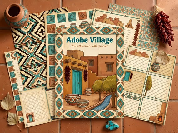 Desert Adobe Village Journal Kit — Printable Junk Journal, Pueblo, Southwest, Turquoise Door Journal Pages · JK-075