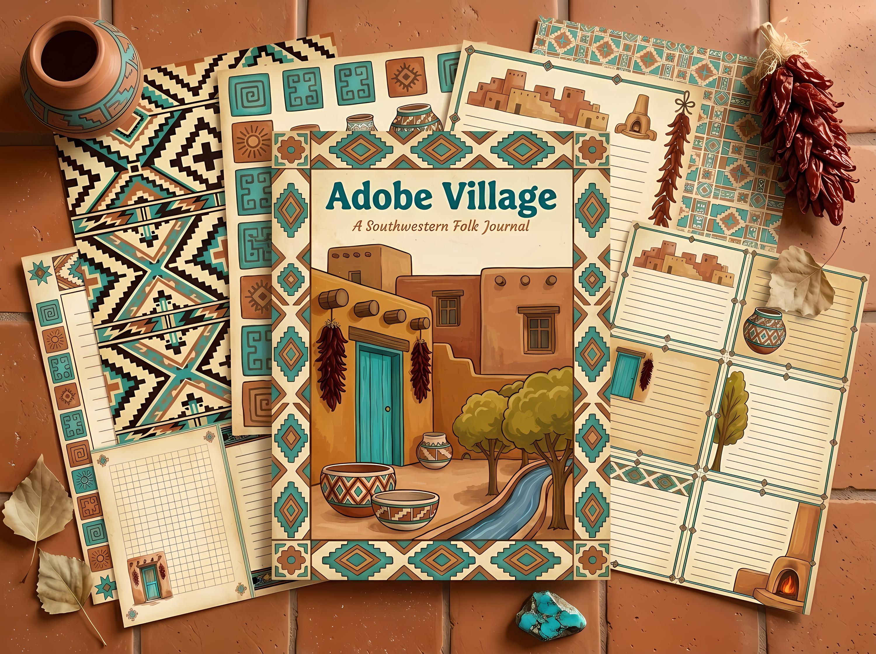 Desert Adobe Village Journal Kit — Printable Junk Journal, Pueblo, Southwest, Turquoise Door Journal Pages · JK-075