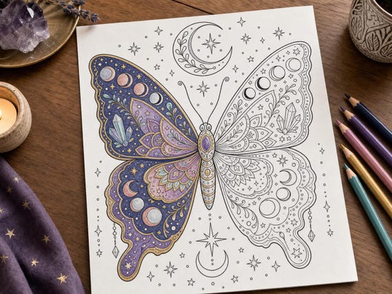 Mystical Moon and Stars Coloring Book, Printable Adult Coloring Pages, Celestial Stress Relief PDF, Digital Download · CB-04 view 4
