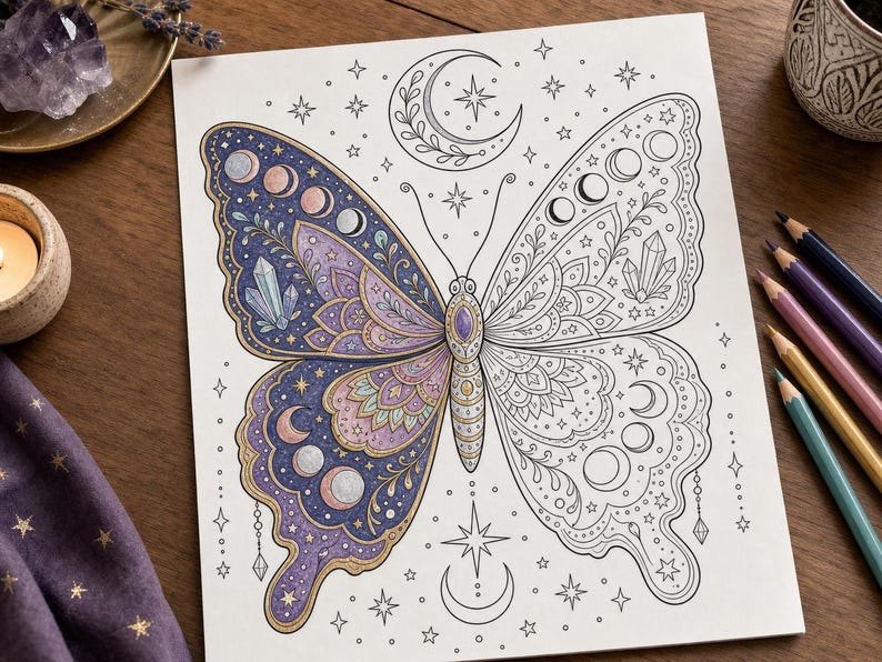 May include: A detailed butterfly coloring page with celestial and geometric designs. One wing is colored with purple, blue, and gold hues, while the other is a line drawing. The image includes stars, moons, and crystals.