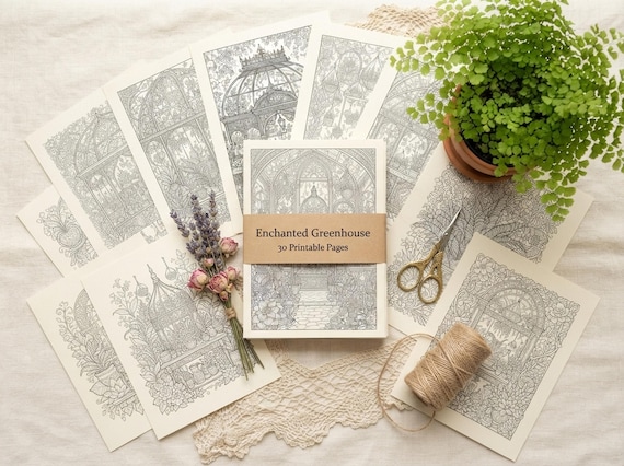 Enchanted Greenhouse Coloring Book, Printable Adult Coloring Pages, Stress Relief PDF, Digital Download · CB-26